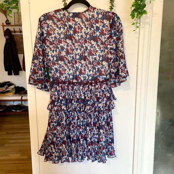 NWT Ganni Pleated Georgette Mini Dress Multi-Color Flounce V-Neck NEW sz 36 - Picture 8 of 16